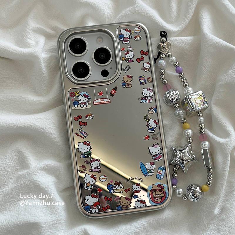 กระจก Huiwanju การ์ตูนน่ารัก kt พร้อมโซ่ เหมาะสําหรับเคสโทรศัพท์มือถือ iPhone16promax iP14pro niche 16PRO 13 ซิลิโคน 15 ผู้หญิง 12 ป้องกันการตก 11 รวมทุกอย่าง