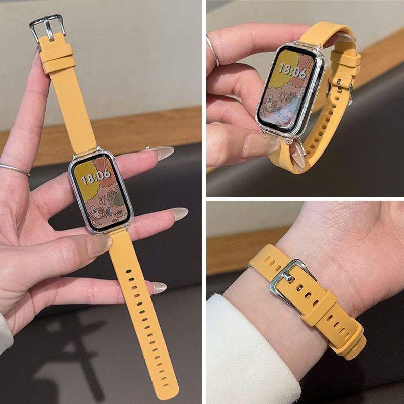 สายรัดซิลิโคนบางพร้อมเคสใสสําหรับ Xiaomi Smart Band 9 Active 8 Active สร้อยข้อมือสมาร์ทสายรัดข้อมือ Redmi Band 2/3 Watchband