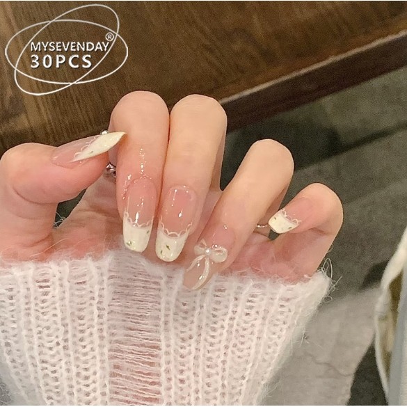 เล็บปลอม เล็บปลอมเจล เล็บปลอมอัลมอนด์ชุดด้วยกาวโบว์กดบนเล็บเล็บปลอมฝรั่งเศส กาวเล็บปลอม