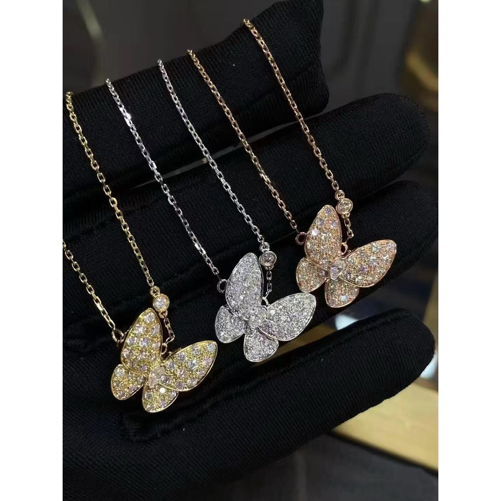 สไตล์ร้อนรุ่นสูง V ผีเสื้อสีทองสร้อยคอเพชรเต็มหญิง Simple Classy จี้โคลเวอร์สี่ใบของขวัญวันวาเลนไทน์