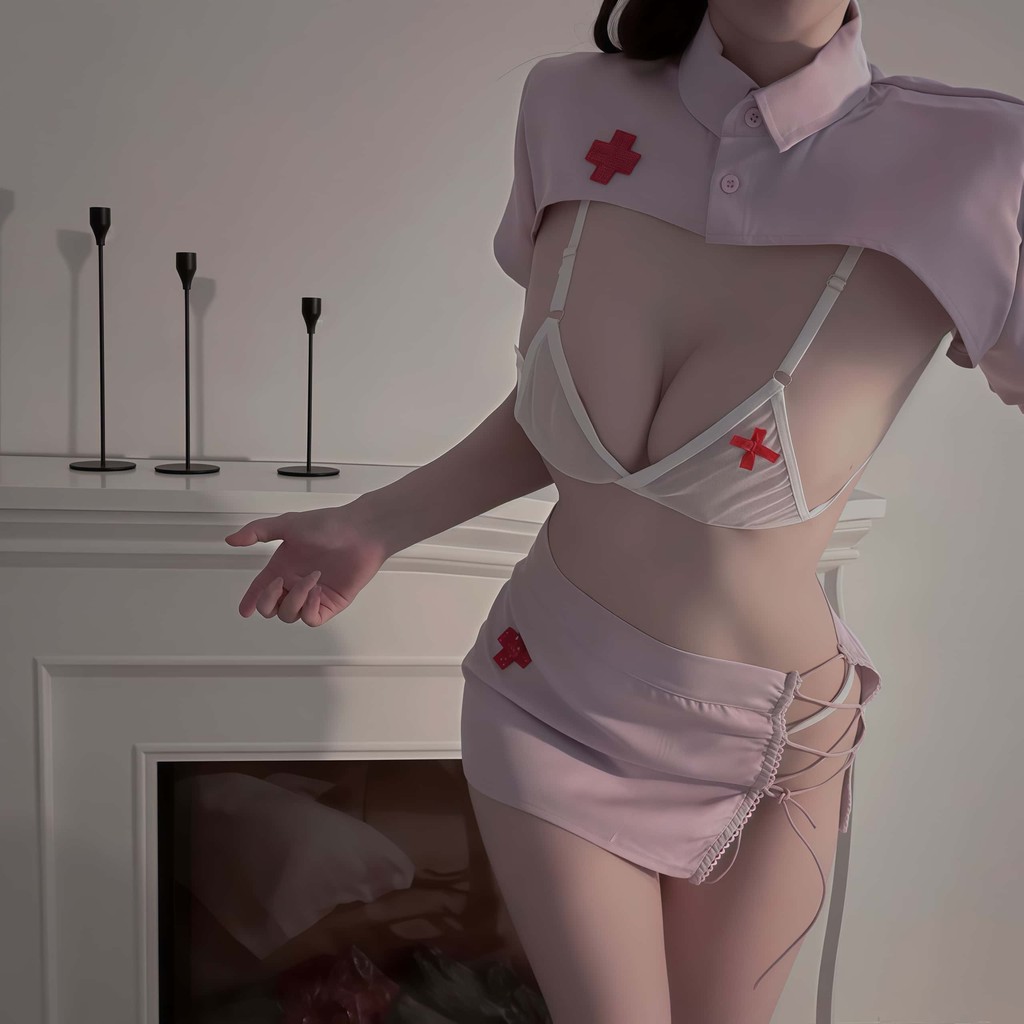 sexy pajamas ชุดคอสเพลย์ ชุดพยาบาล สีชมพู กางเกงชั้นในซีทรู ดีไซน์ผูกด้านข้าง ความเย้ายวนเซ็กซี่