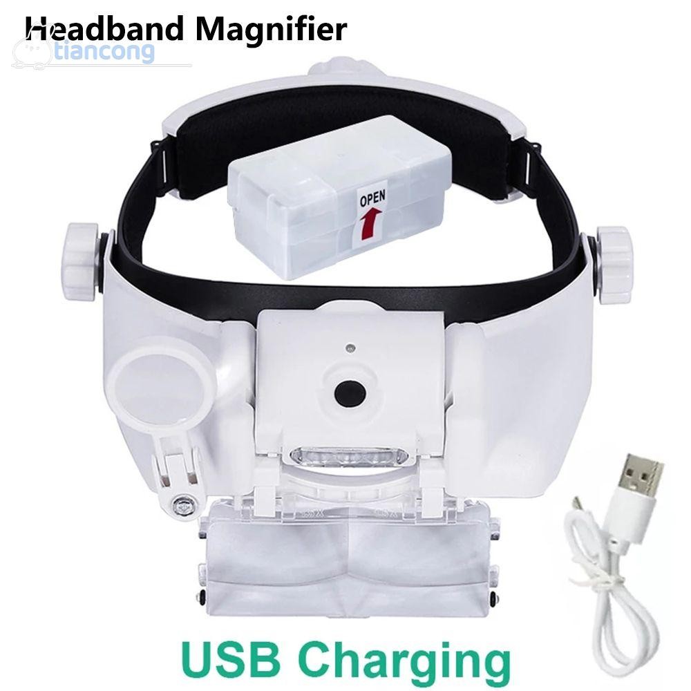TIANCONG แถบคาดศีรษะแว่นขยายคุณภาพสูง USB ชาร์จ LED โคมไฟซ่อมอ่านแว่นขยาย