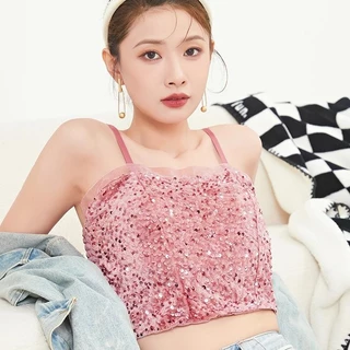 #452 เสื้อครอป สายเดี่ยว เซ็กซี่เงาวิบวับ สม็อคหลังสุดน่ารัก ไสตล์เกาหลี ใส่ได้ทุกโอกาส สดใส
