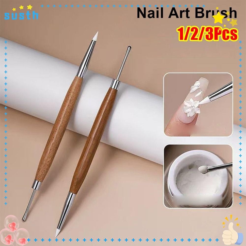 SUSTH 1/2/3 ชิ้นปากกาเพ้นท์เล็บ, แกะสลัก/ระบายสี Double-ended Nail Art แปรง,ซิลิโคนลายนูนเจลโปแลนด์กาวปรับ DIY เครื่องมือทําเล็บ