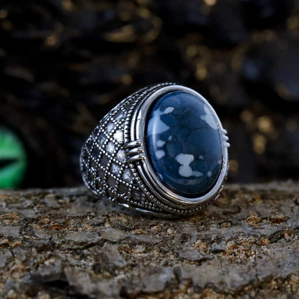 Casual Vintage Blue Agate Stone Simple Man แฟชั่น Silver Titanium Steel งานแต่งงานแหวนหมั้น