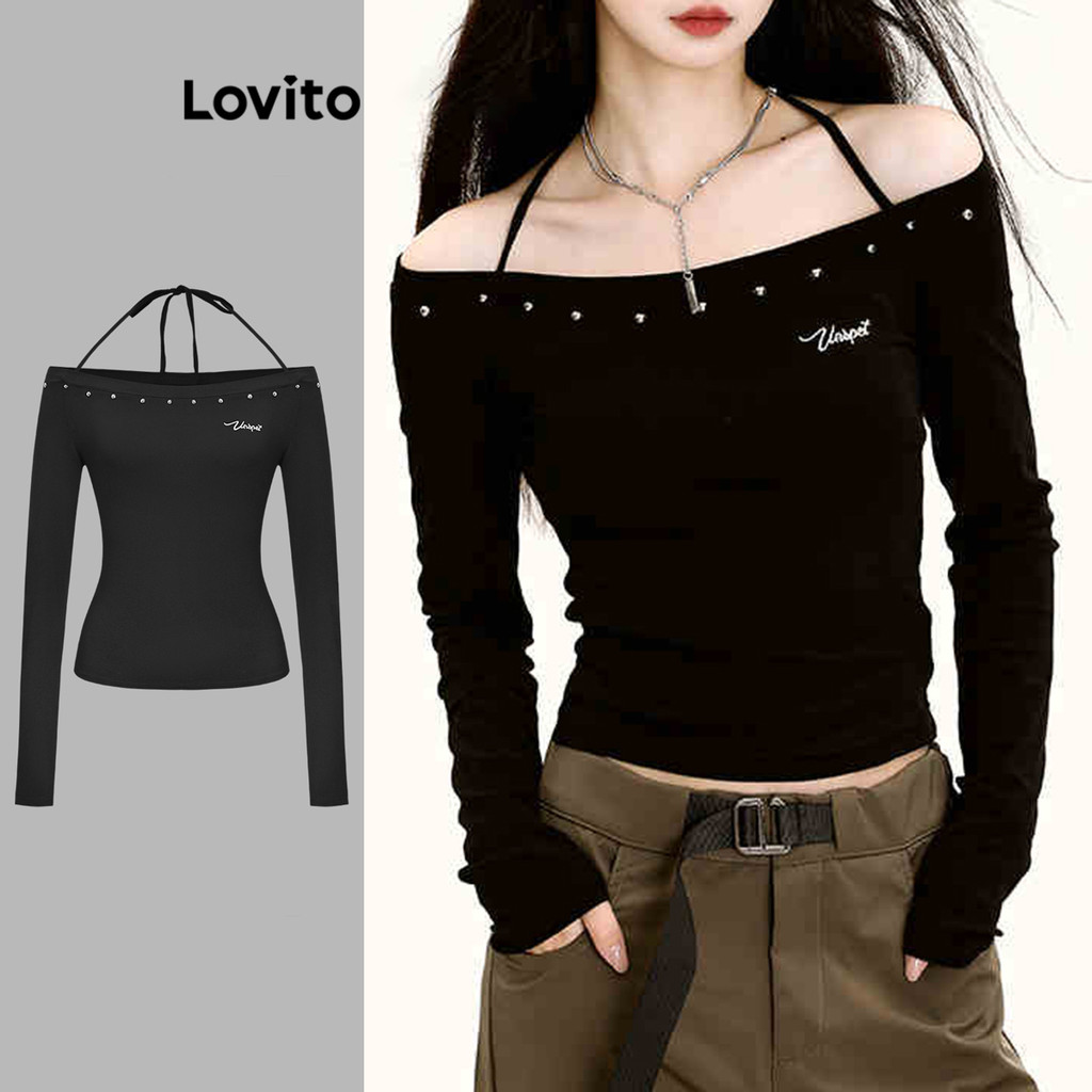Lovito ตัวอักษรสบาย ๆ รูปแบบหมุดลูกไม้ขึ้นเสื้อยืดสำหรับผู้หญิง LAD106623