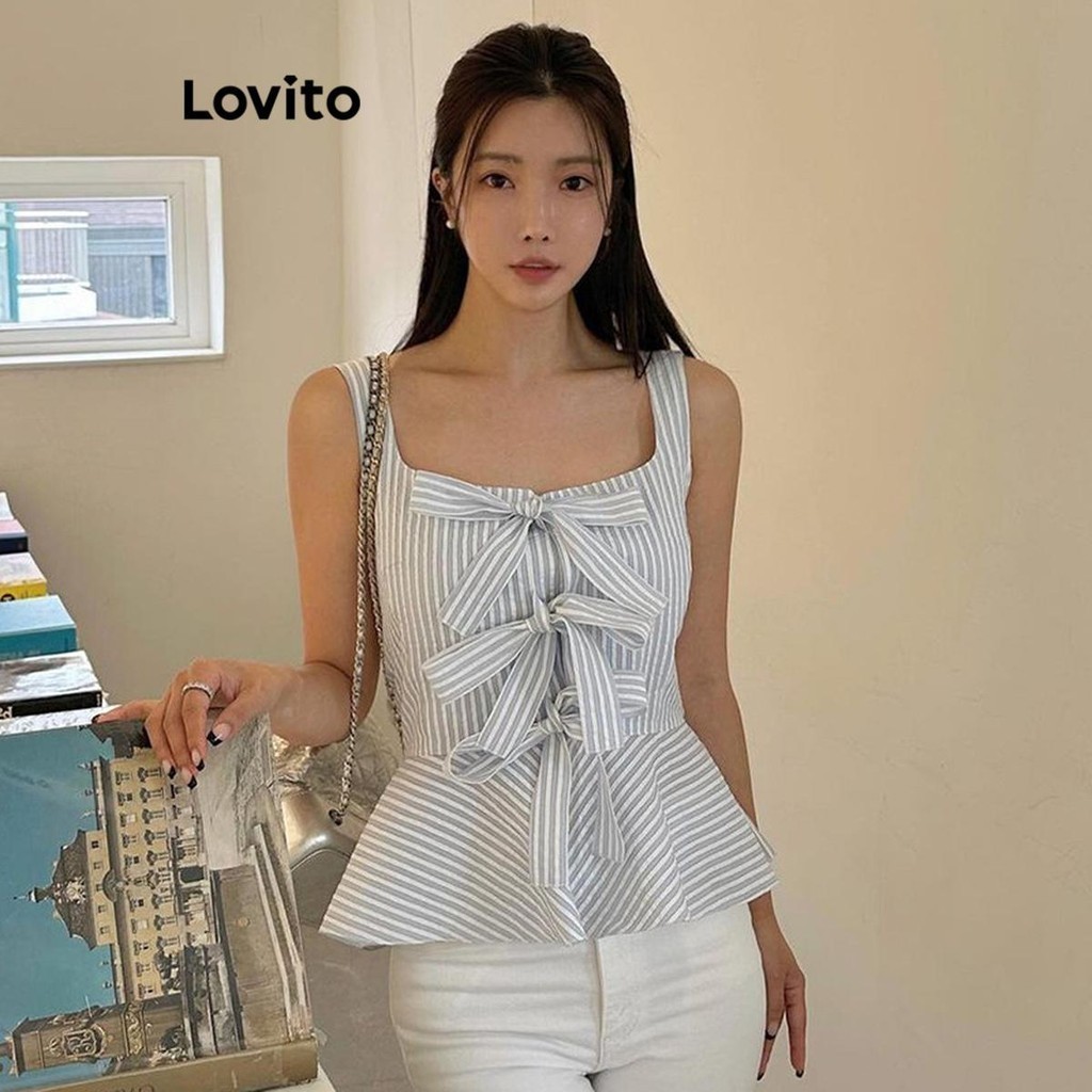 Lovito เสื้อแขนกุดผู้หญิง ลายทาง แต่งโบว์หน้า สไตล์น่ารัก LNE55350