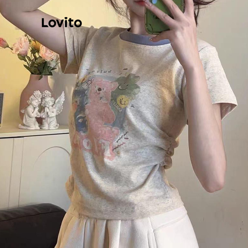 Lovito เสื้อยืดผู้หญิง ลายการ์ตูน สไตล์ลำลอง LNA65286