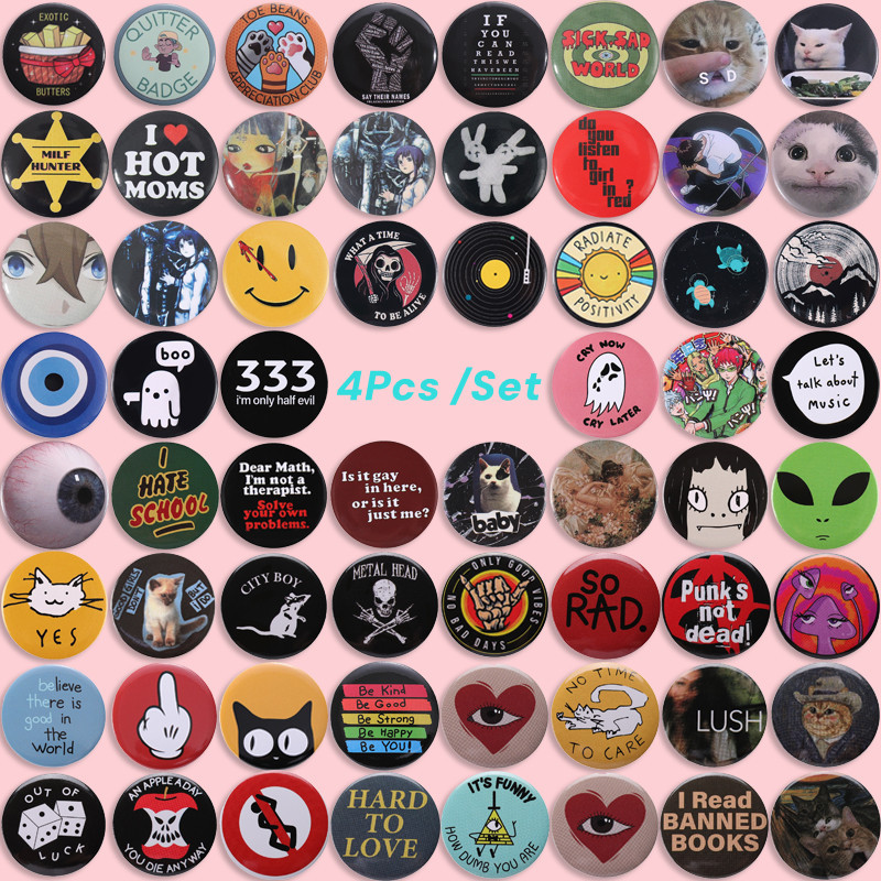 4 ชิ้น/เซ็ต Tinplate การ์ตูนแมวเข็มกลัด Rock Band กระเป๋าเป้สะพายหลัง Badge เส้น