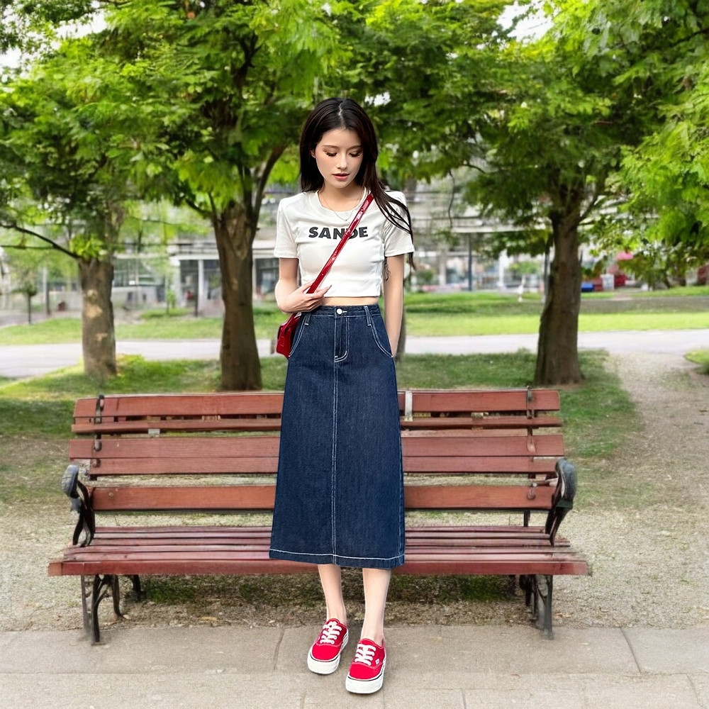 กระโปรงยีนส์รุ่นใหม่ สวมใส่สบาย เอวสูง ไม่มีความยืดหยุ่น แยกด้านหลัง สง่างาม ลวดลายสวย