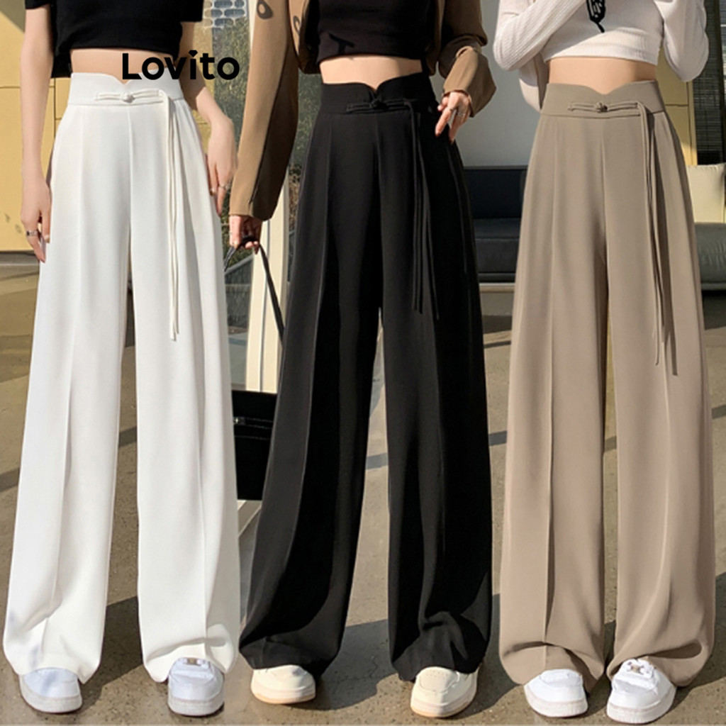 Lovito กางเกงขายาวผู้หญิง แบบถัก สีพื้น หรูหรา LNE62113