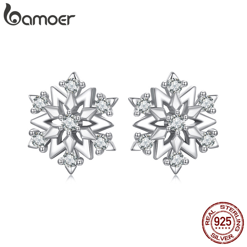 Bamoer 925 เงินสเตอร์ลิง Sliver ต่างหูสตั๊ด Snowflake Design ของขวัญเครื่องประดับสําหรับผู้หญิง