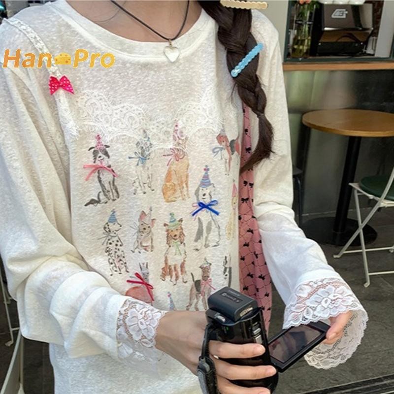 ฮันโปร> เกาหลีหวานลูกไม้เย็บปะติดปะต่อกันสุนัขพิมพ์แขนยาวหลวมเสื้อยืดลําลองสําหรับผู้หญิงได้ดี