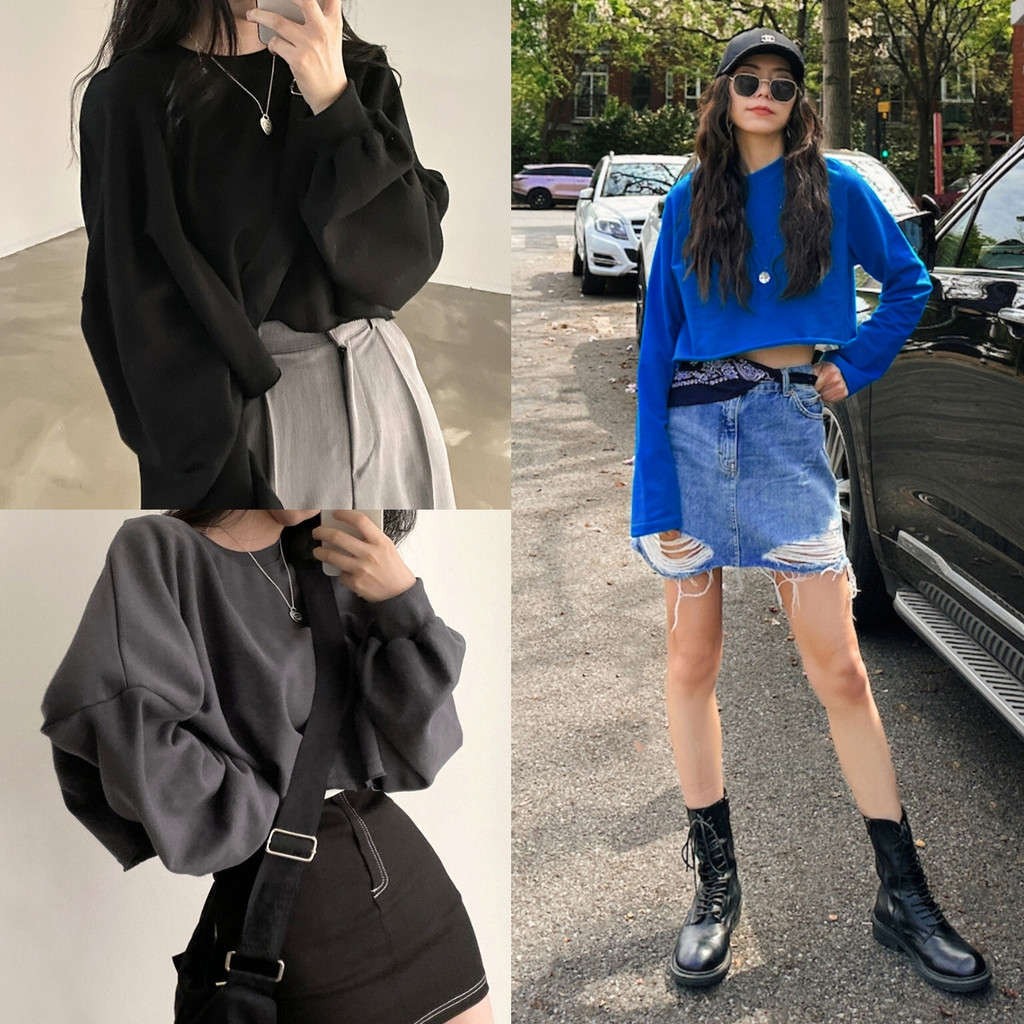 🔥ราคาถูกที่สุด🔥เสื้อแขนยาว ตัวสั้นครอป โอเวอร์ไซส์ คอกลม สีพื้น 3 สี ฟรีไซส์