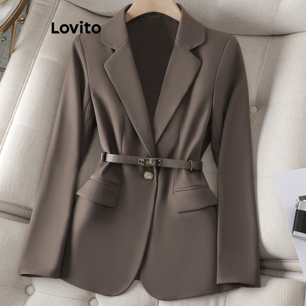 Lovito เบลเซอร์ผู้หญิง มีกระดุม สีพื้น สไตล์ลำลอง LNL67204