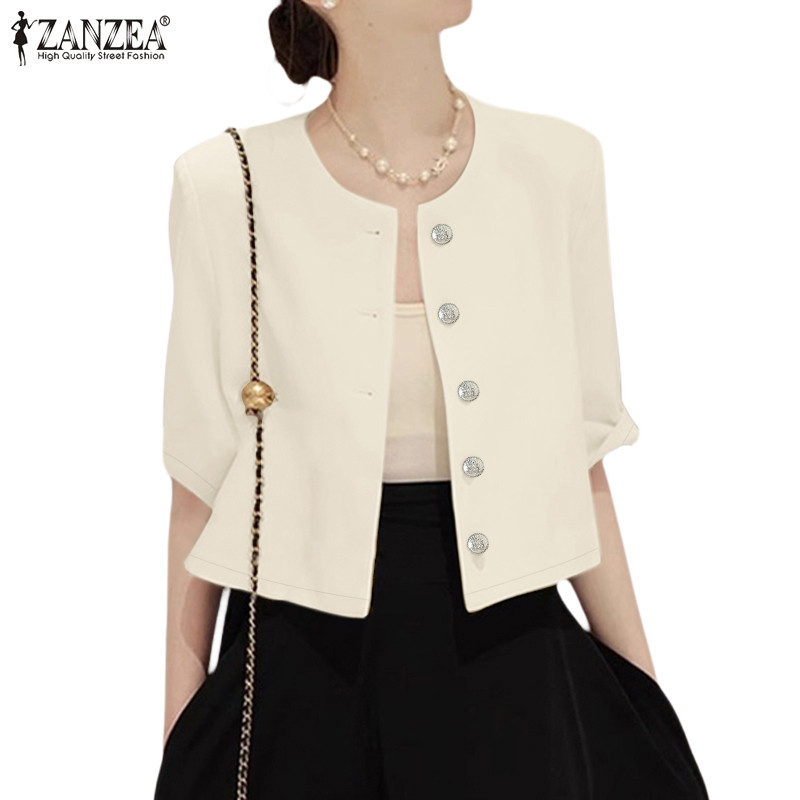 Zanzea ผู้หญิงเกาหลี Commuting 3/4 Sleeve Round Collar Breasted Buttons Blazer