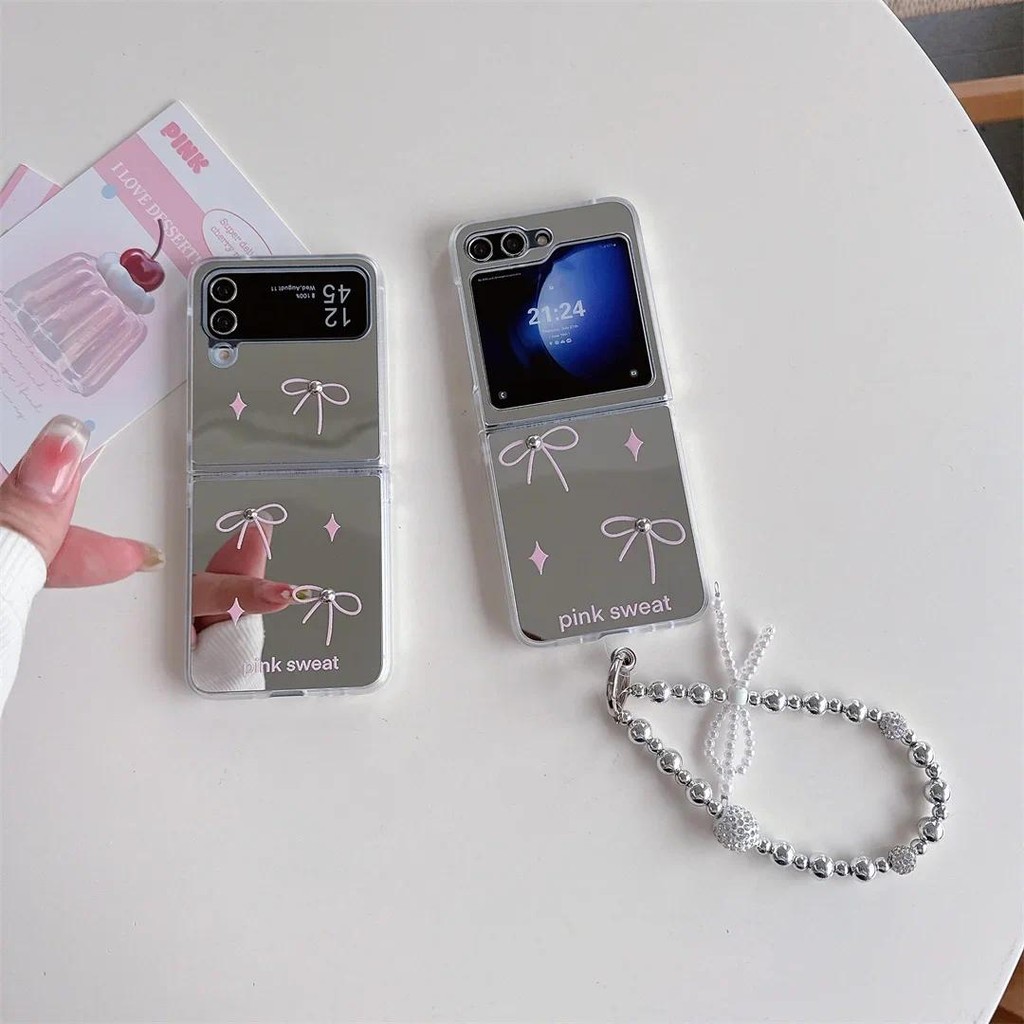 Luken ใหม่เกาหลีน่ารักกระจกโบว์สร้อยข้อมือเงินเคสโทรศัพท์สําหรับ Samsung Galaxy Z Flip5 5G Z Flip5 Z