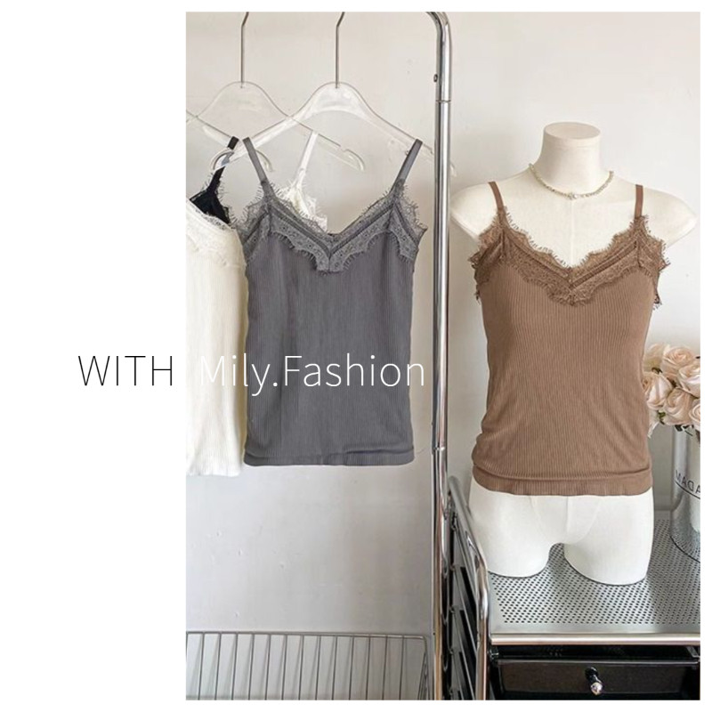 Milyfashion เสื้อกล้ามสายเดี่ยวปรับความหนาบุขนเพิ่มความหนาสำหรับผู้หญิงรุ่นใหม่ฤดูใบไม้ร่วงและฤดูหนาวที่อบอุ่นด้านในลูกไม้คอวียืดเข้ารูปใส่แล้วดูผอม