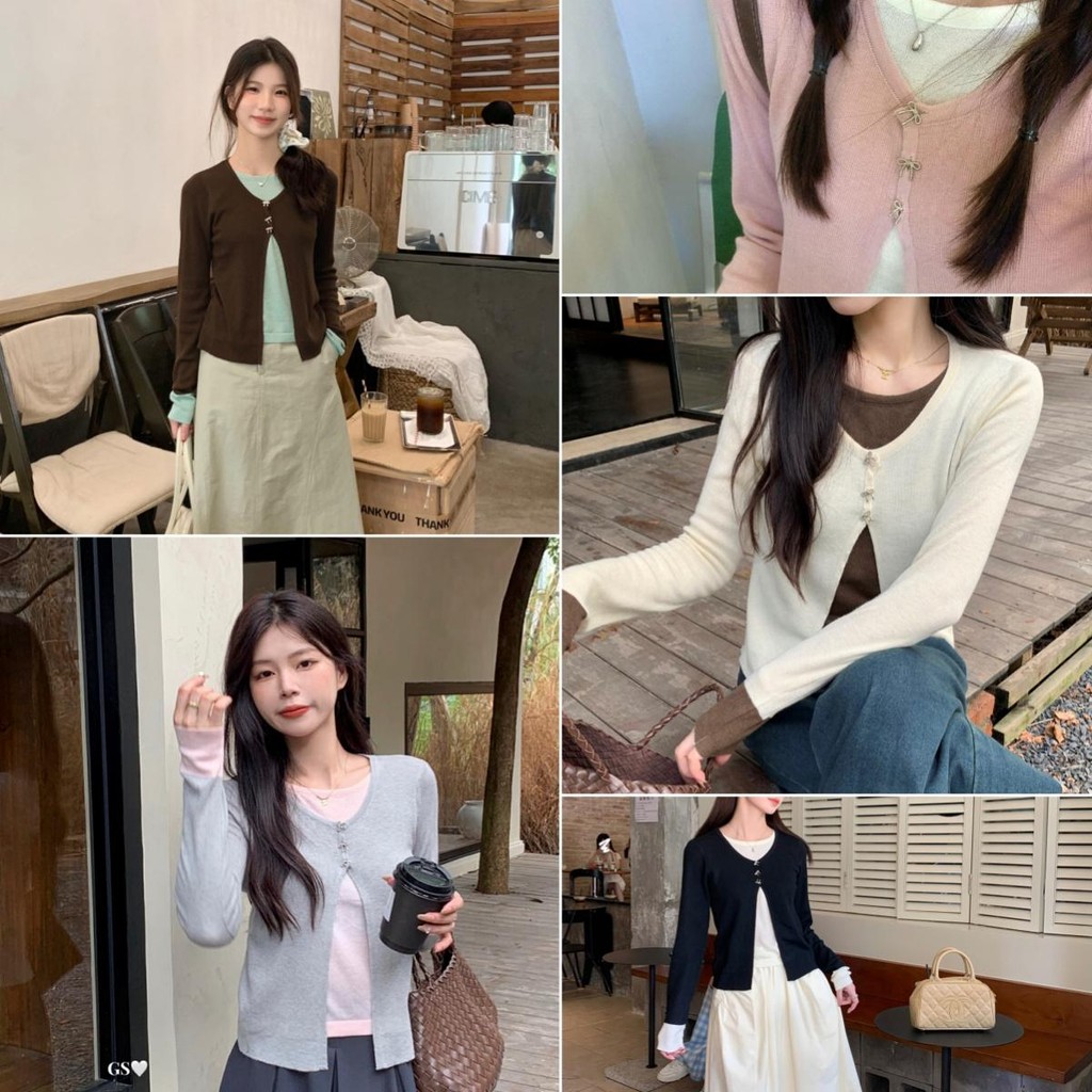 👚Anna👚 เสื้อสวมหัวผ่าแขนยาวเสื้อยืดถัก ตกแต่งโบว์ 3 อัน ชุดเซต 2 ชิ้นผู้หญิง เสื้อสเวตเตอร์หวานบางฤดูใบไม้ร่วง #08067