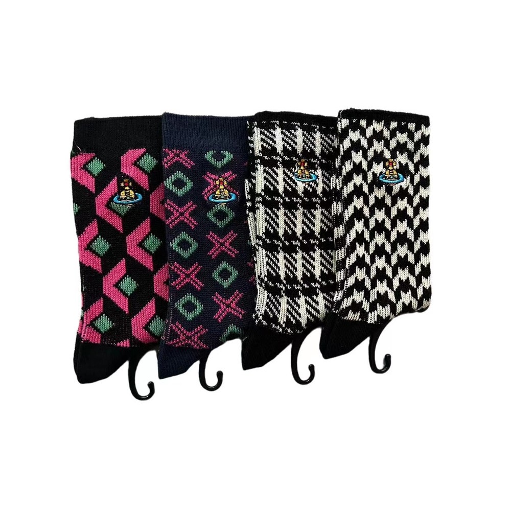 สินค้าใหม่ญี่ปุ่น Queen West Saturn เย็บปักถักร้อย Retro ลายสก๊อต Preppy สไตล์สุภาพสตรีเข็มคู่แฟชั่นกลางหลอดถุงเท้าอินเทรนด์