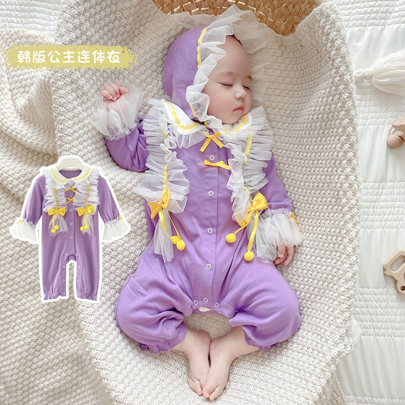 2024ฤดูใบไม้ร่วงและฤดูหนาวใหม่เด็กแขนยาว jumpsuk เด็กหญิงผ้าฝ้ายปีนเขาชุดเจ้าหญิงโลลิต้าจั๊มสูทฟรีหมวก [babebear]