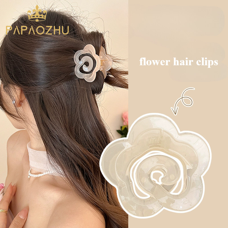 Papaozhu โรแมนติก Beige Camellia ดอกไม้ผม Claw คลิปสําหรับผู้หญิงสาวดอกไม้ Hairpins ผู้ถือผมหางม้าอุปกรณ์เสริมผม