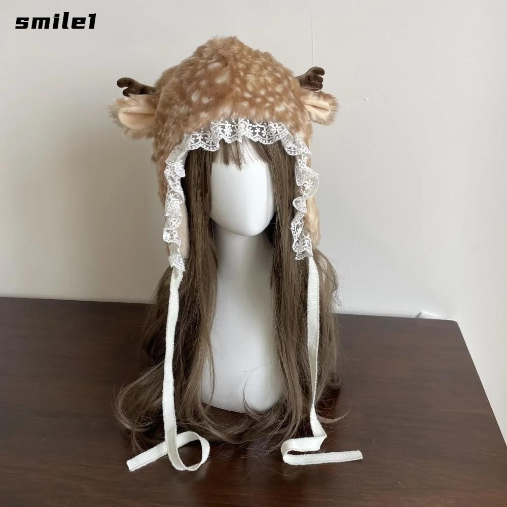 Smile Reindeer Furry Boots ถุงเท้า, เครื่องแต่งกายประสิทธิภาพ Thicken ลูกไม้หมวกฤดูหนาว, ขาอุ่น Faux Fur Plush คอสเพลย์เครื่องแต่งกายหูป้องกัน