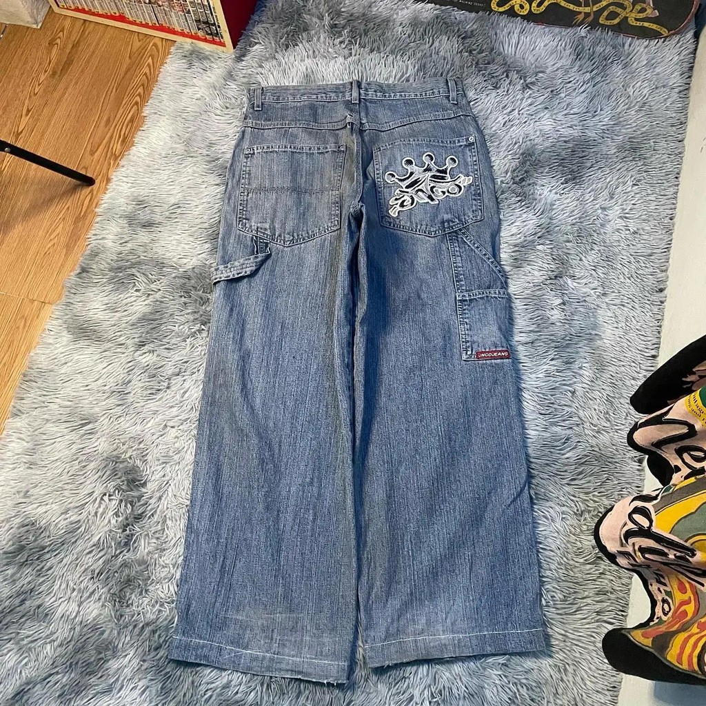 Retro Blue JNCO กางเกงยีนส์ Y2K กางเกงผู้หญิง Hip Hop Streetwear Baggy ใหม่ปัก Harajuku เอวสูงกางเกง