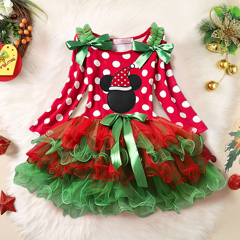 Nnjxd เด็กวัยหัดเดินสาวคริสต์มาสชุด Polka Dot โบว์ริบบิ้น Layered Tulle Tutu Skrit ชุดเจ้าหญิง Xmas เสื้อผ้า