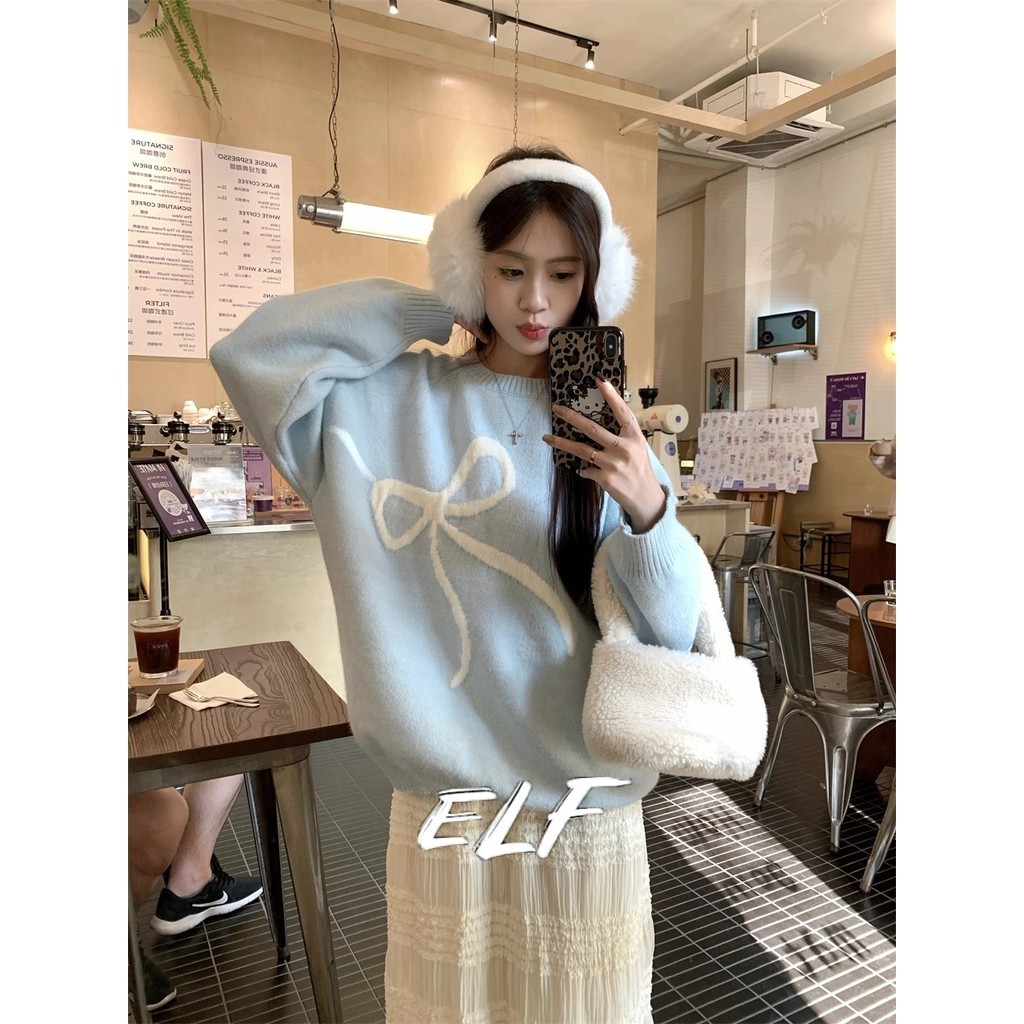 นุ่มหลวมโบว์พิมพ์แขนยาวถักเสื้อกันหนาวหวานสไตล์เกาหลีฤดูใบไม้ร่วงฤดูหนาวผู้หญิง