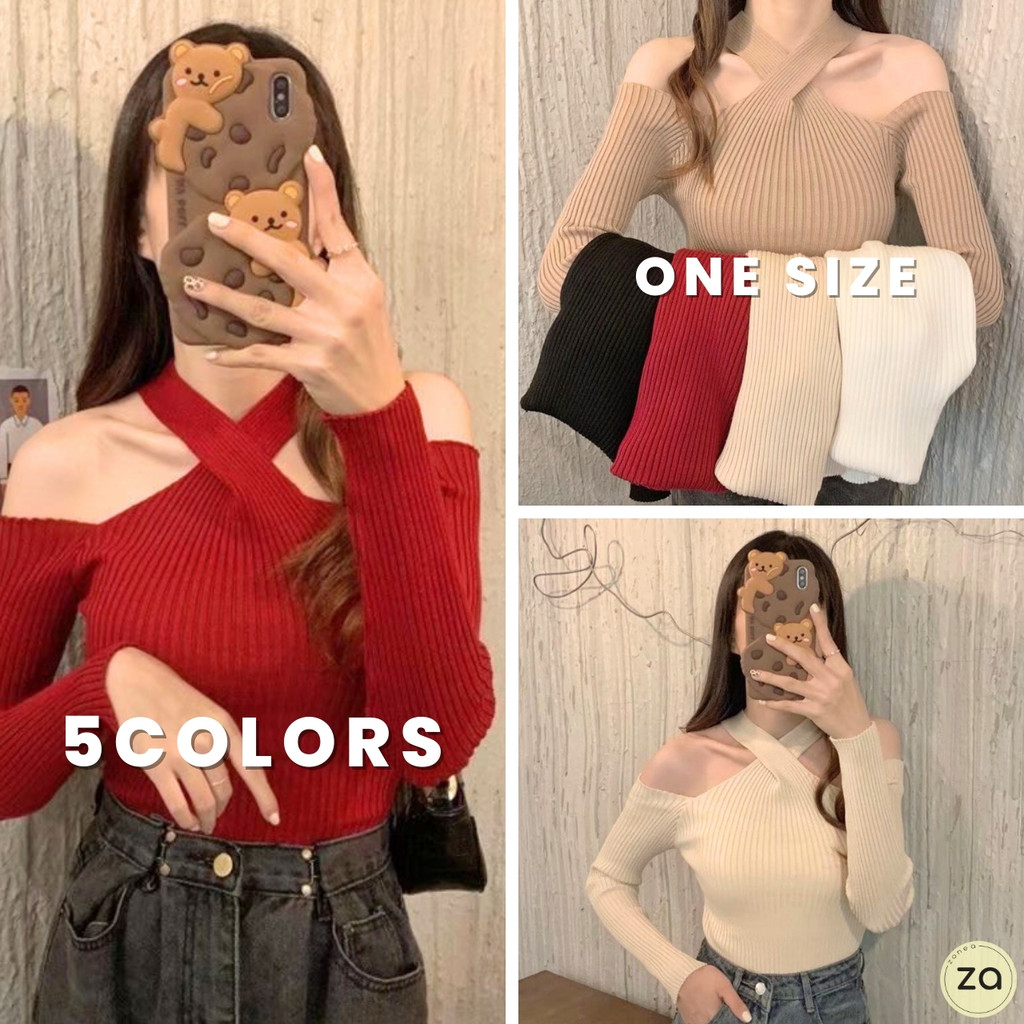 HOT SALE เสื้อแขนยาว แฟชั่นไหมพรมร่อง ทรงคอไขว้ เปิดไหล่ สวยงาม