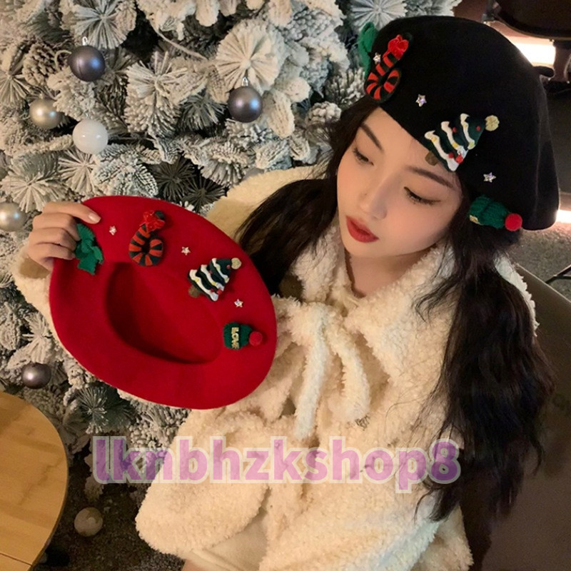 พร้อมส่งในไทย หมวก ผ้าวูล Christmas หมวกเบเร่ต์ผ้าวูล แฟชั่นคริสต์มาส ฤดูหนาว ปาร์ตี้ แนววินเทจ ได้รับ