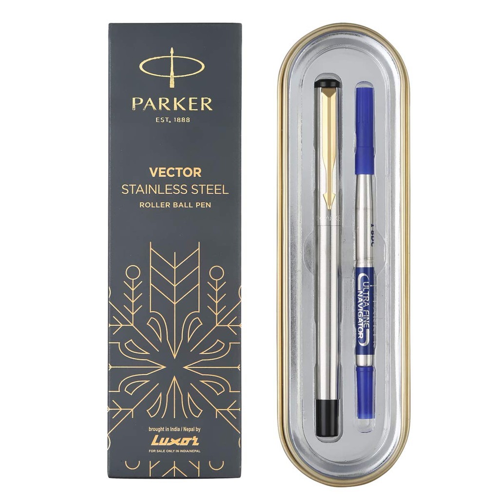 Parker Vector Stainless Steel Gold Trim Roller Ball Pen | Ink Color - Blue | Elite Pen For Professionals