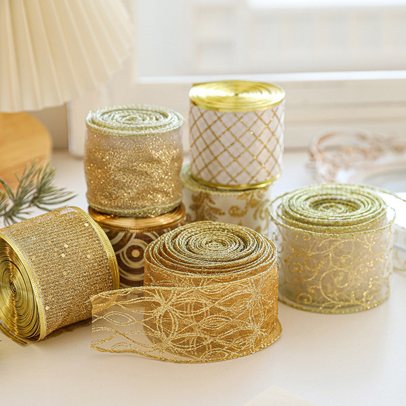 2 เมตร/ม้วนคริสต์มาส Gliter Golden Ribbon DIY Xmas Tree Bow ของขวัญบรรจุภัณฑ์ปีใหม่ Christmas Party Decor Supplies