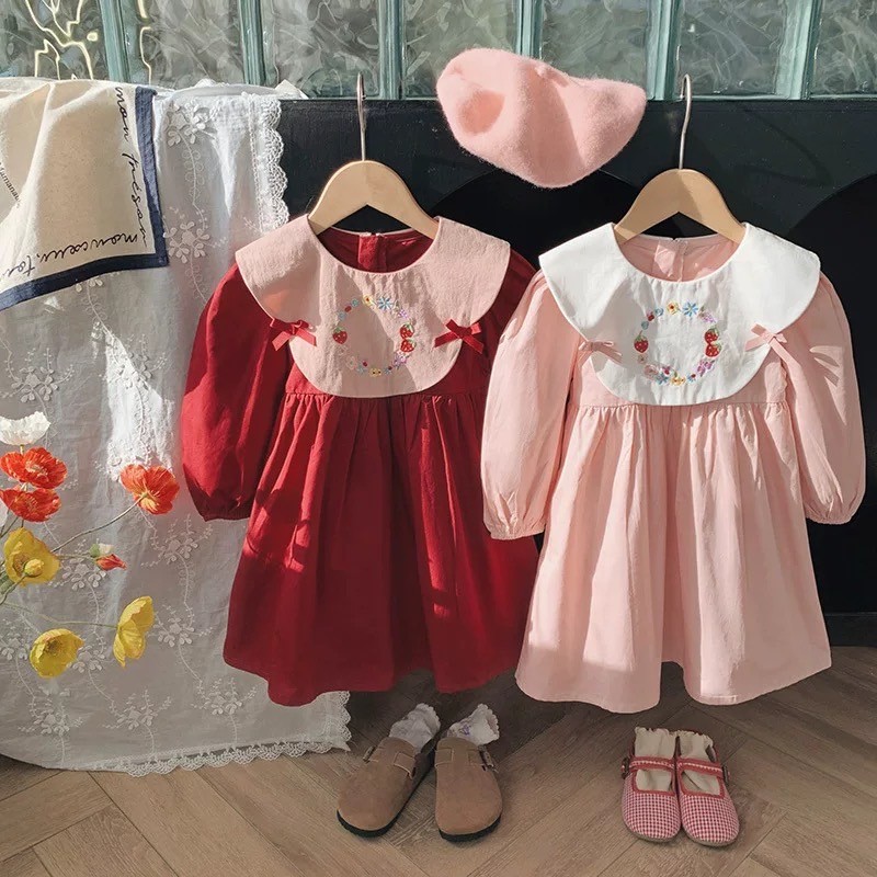 PRETTY BABY พร้อมส่ง ชุดเดรสเด็กผู้หญิง เดรสกระโปรงแขนยาว ปักหน้าอก แต่งโบว์(1409)