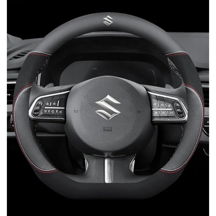 ที่หุ้มพวงมาลัยรถยนต์ Suzuki (D Shape Black) หนังเหมาะสําหรับรถ Suzuki ทุกรุ่น Swift Grand Vitara Jimny SX4 Alto APV Vitara 38 ซม.