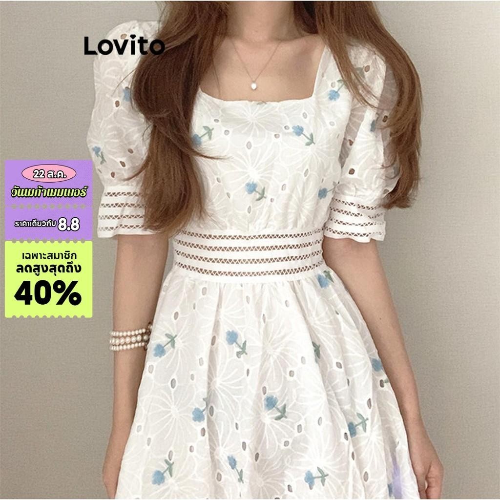 Lovito ชุดเดรสผู้หญิง คอเหลี่ยม ผ้าเย็บต่อ ลายลูกไม้ ดอกไม้ สไตล์ลำลอง LNE39224 (สีขาว)