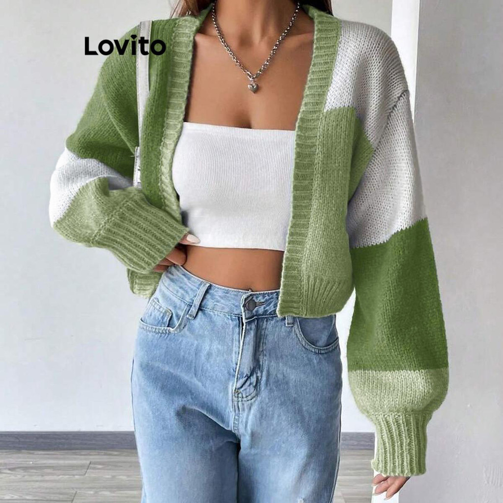 Lovito เสื้อคาร์ดิแกนผู้หญิง คัลเลอร์บล็อก มีกระดุม สีพื้น สไตล์ลำลอง LNL64353