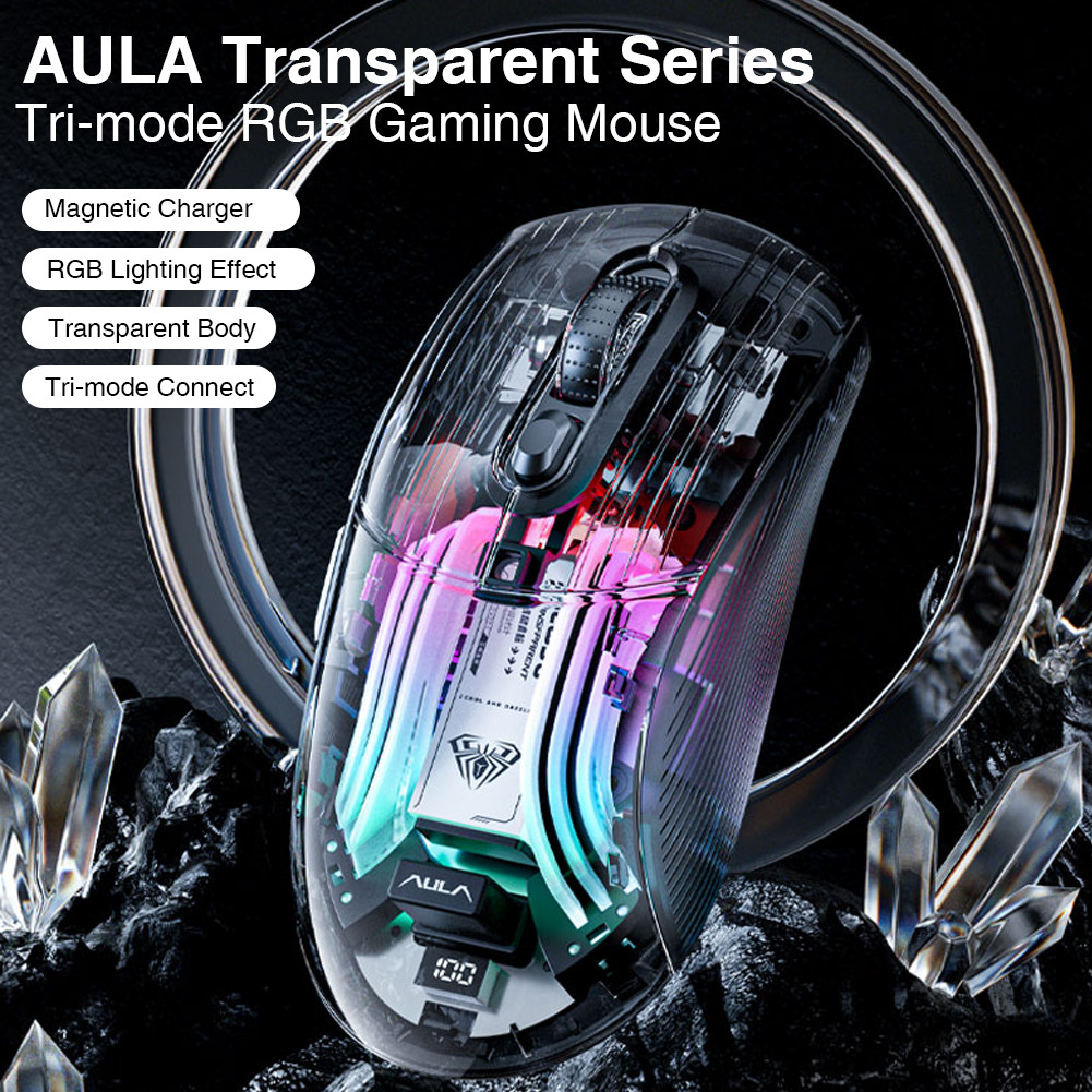 Aula SC630 เมาส์โปร่งใส Tri mode Luminous RGB ที่นั่งแม่เหล็กชาร์จ DPI1000-4000 เมาส์สําหรับเล่นเกม