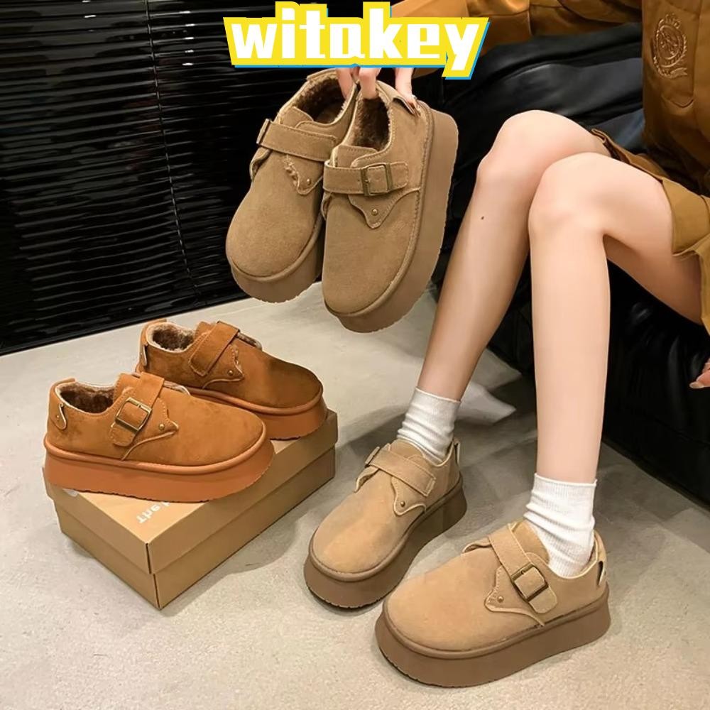 Witakey Snow Boots, Warm Cozy Winter Non Slip Cotton Boots, Hot Thick-soled Retro Maillard Warm Series Plush Lined รองเท้าผู้หญิง Clogs