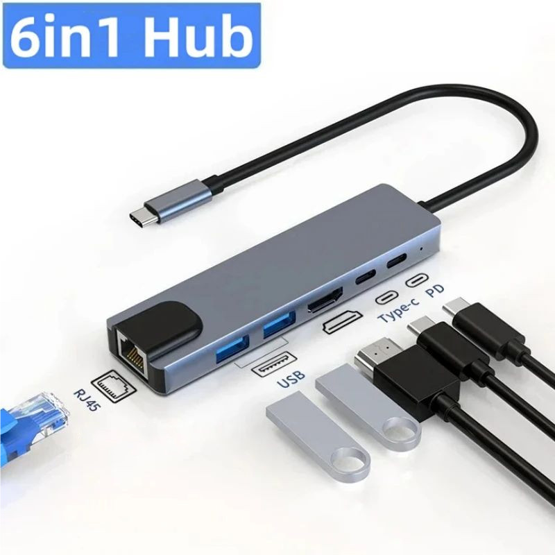 6 In 1 Type C Hub อะแดปเตอร์ USB HDMI RJ45 สําหรับแล็ปท็อปและคอมพิวเตอร์