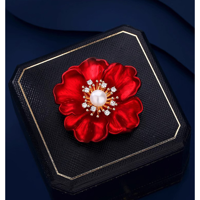 ดอกโบตั๋นแดงเจริญรุ่งเรือง ปักมุก เข็มกลัดระดับสูง อุปกรณ์เสริมชุดสูท เข็มกลัดงานเลี้ยงสำหรับผู้หญิง - รูปที่ 3