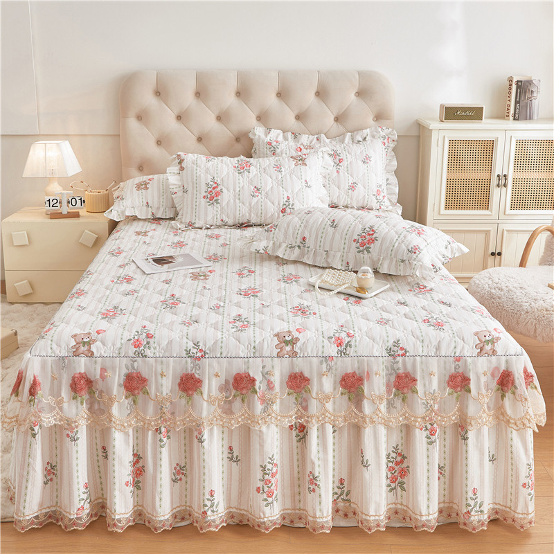 Cadar 1 PC ผ้าฝ้าย 100% Quilting Thicken ลื่นกระโปรงเตียงลูกไม้ดอกไม้พิมพ์ INS สไตล์เตียงที่นอน Super Single Queen King ขนาด