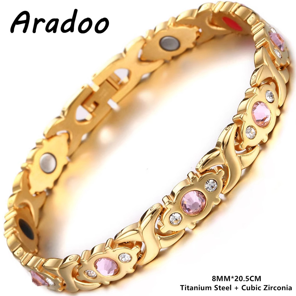 Aradoo ไทเทเนียมเหล็กสร้อยข้อมือผู้หญิงคลาสสิกสแตนเลสคริสตัล Zirconia Link สร้อยข้อมือเครื่องประดับของขวัญ