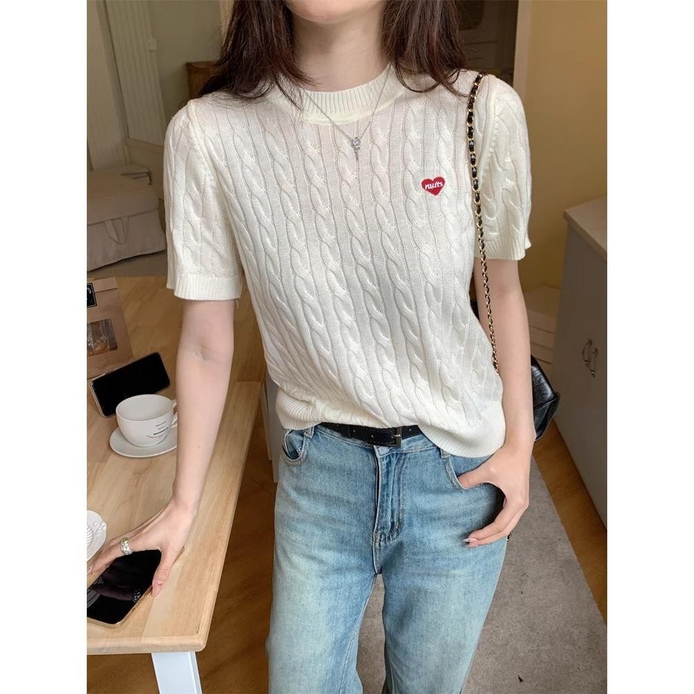 Dahong แขนสั้นเสื้อกันหนาวผู้หญิงรอบคอเสื้อยืดสไตล์ ผ้าร่องบาง การจับคู่สไตล์ ใส่ในไทยช่วงซัมเมอร์ได้แบบชิลๆ D628 - รูปที่ 4