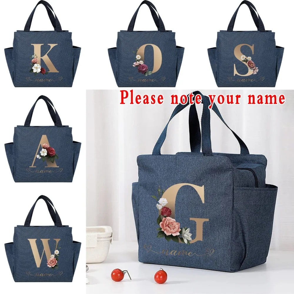 Customization nameแบบพกพาถุงอาหารกลางวันคูลเลอร์สิริฉนวนความร้อนผ้าใบกระเป๋าปิกนิกเดินทางกล่องอาหารกลางวันทองตัวอัก