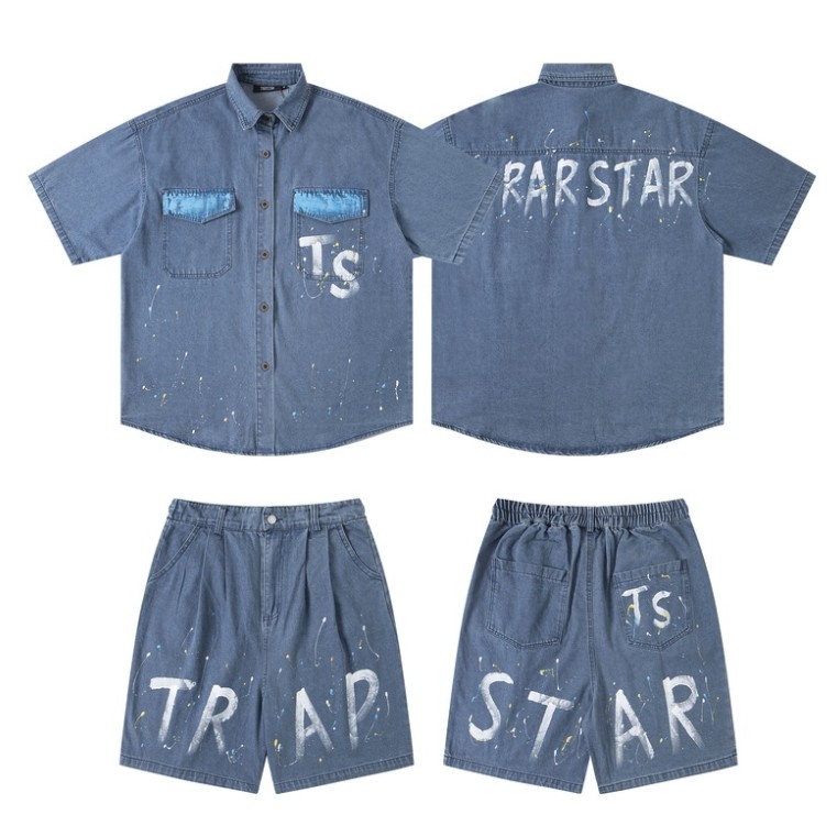 TRAPSTAR เสื้อเชิ้ตยีนส์ย้อนยุคแขนสั้นหลวม