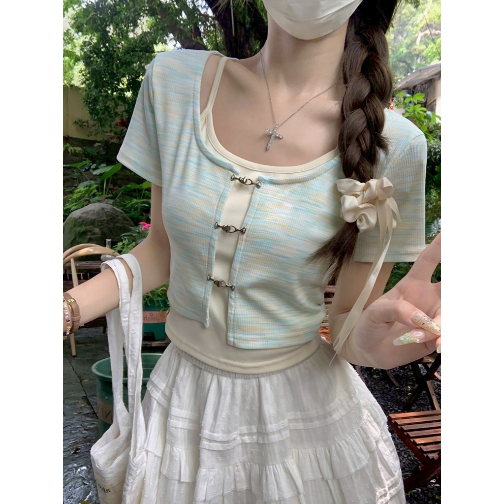 Mini shop พร้อมส่ง (96195) เสื้อไหมพรม แขนสั้นคอกลม ผ้ายืด แต่งสองชั้นสีสดใส ผ้าใส่สบาย ราคา ถูกที่สุด ดีลบีเคเค แกลเลอรีภาพที่ 6