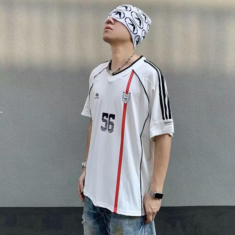 Pannofluxus เสื้อยืดผู้ชายแขนสั้น American Contrast Color V คอกีฬาแห้งเร็ว Jersey - รูปที่ 2