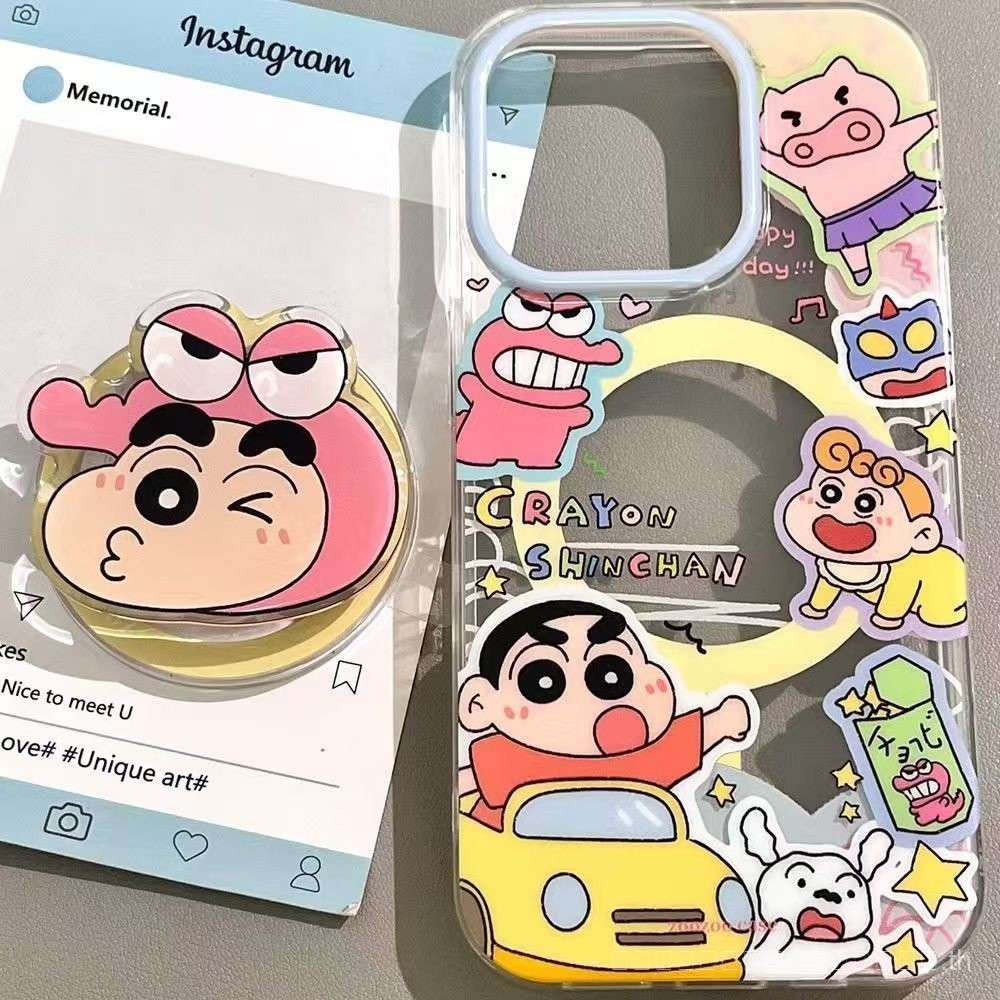 ฝาครอบหัวจระเข้ Shin-chan ขาตั้งแม่เหล็ก รองรับเคส iPhone 16 Pro Max ใหม่ Apple 15 Matte 13
